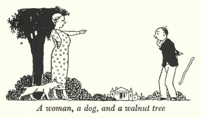 Nainen, koira ja pähkinäpuu (litho) tekijältä William Heath Robinson