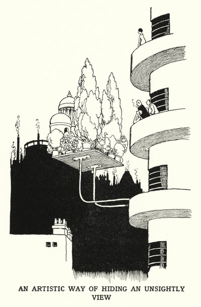 Taiteellinen tapa piilottaa ruma näkymä (litho) tekijältä William Heath Robinson