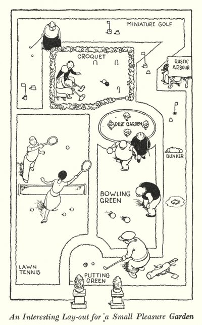 Mielenkiintoinen ulkoasu pienelle huvipuutarhalle (litho) tekijältä William Heath Robinson