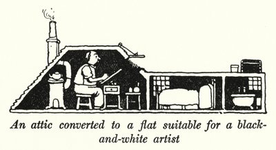 Mustavalkotaiteilijalle sopiva ullakkohuoneisto (litho) tekijältä William Heath Robinson
