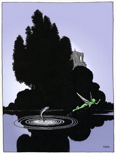 William Shakespearen teoksen "Kesäyön unelma" (1595) IV näytöksen johdantosivulla kuvattu tonttu, piirros W. Heat Robinson 1914, Constable. tekijältä William Heath Robinson