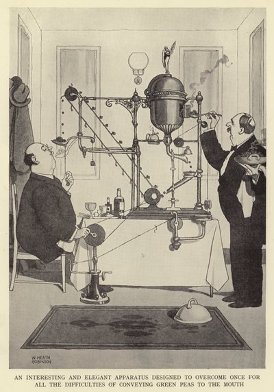 Mielenkiintoinen ja tyylikäs laite, joka on suunniteltu voittamaan kerta kaikkiaan vihreiden herneiden suuhun kulkeutumisen vaikeudet tekijältä William Heath Robinson
