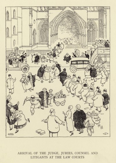 Tuomarin, valamiehistön, asianajajan ja asianosaisten saapuminen tuomioistuimiin tekijältä William Heath Robinson