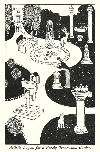 Taiteellinen ulkoasu puhtaasti koristepuutarhalle (litho) tekijältä William Heath Robinson