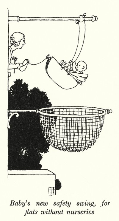 Vauvan uusi turvakeinu, asuntoihin ilman lastenhuoneita (litho) tekijältä William Heath Robinson