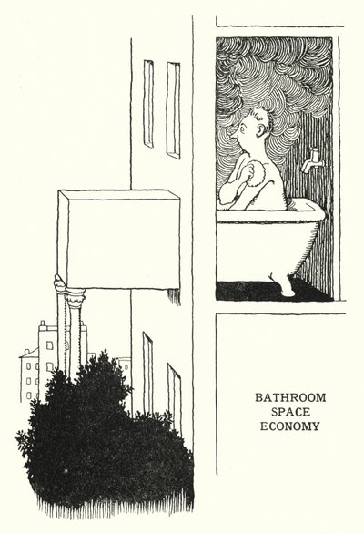 Kylpyhuone Space Economy (litho) tekijältä William Heath Robinson