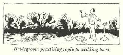 Sulhanen harjoittelee vastausta häämaljaan (litho) tekijältä William Heath Robinson