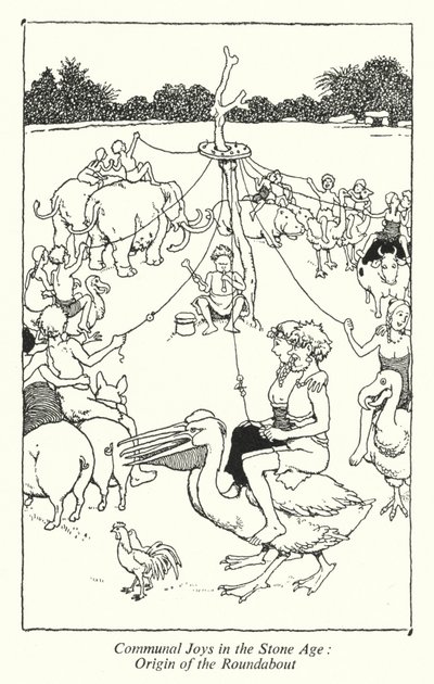 Yhteisölliset ilot kivikaudella, liikenneympyrän alkuperä (litho) tekijältä William Heath Robinson