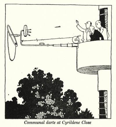 Yhteinen tikanheitto Cyrildene Closessa (litho) tekijältä William Heath Robinson
