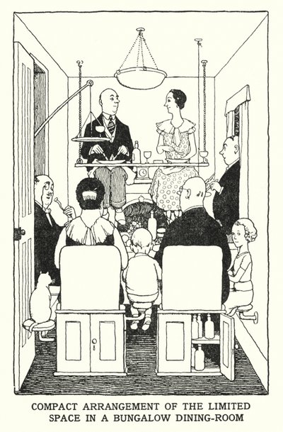 Rajoitetun tilan kompakti järjestely bungalow-ruokailuhuoneessa (litho) tekijältä William Heath Robinson