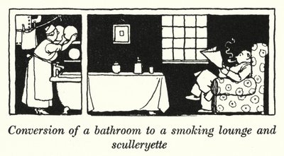 Kylpyhuoneen muuttaminen tupakointihuoneeksi ja pesuhuoneeksi (litho) tekijältä William Heath Robinson