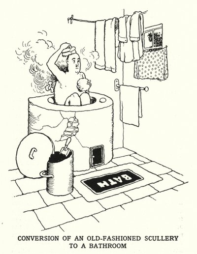 Vanhanajan pesuhuoneen muuttaminen kylpyhuoneeksi (litho) tekijältä William Heath Robinson
