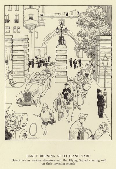 Varhainen aamu Scotland Yardissa, eri valeasuihin pukeutuneet etsivät ja lentävä osasto lähtevät aamukierrokselle. tekijältä William Heath Robinson