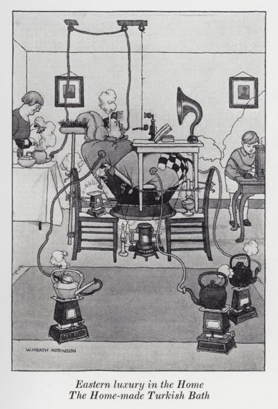 Itämaista luksusta kodissa, kotitekoinen turkkilainen sauna (litho) tekijältä William Heath Robinson