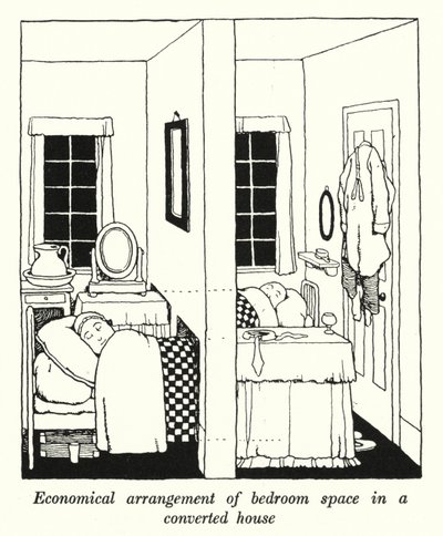 Taloudellinen makuuhuoneen järjestely remontoidussa talossa (litho) tekijältä William Heath Robinson