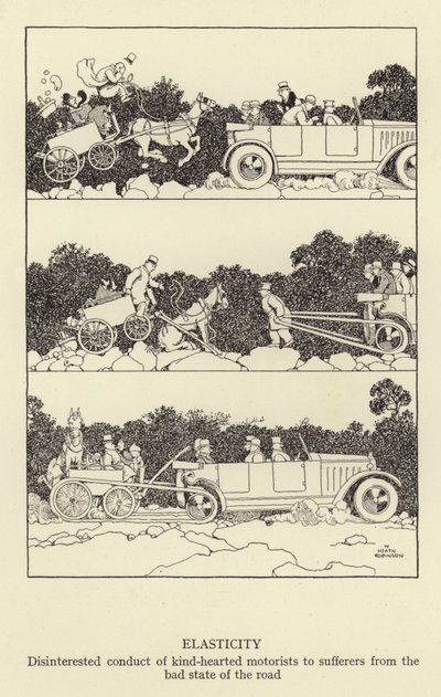 Joustavuus, hyväsydäminen autoilijoiden epäitsekäs käytös tien huonosta kunnosta kärsiviä kohtaan. tekijältä William Heath Robinson