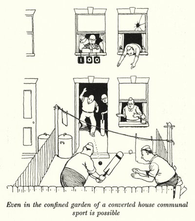 Jopa entisen talon ahtaassa puutarhassa yhteisurheilu on mahdollista (litho) tekijältä William Heath Robinson