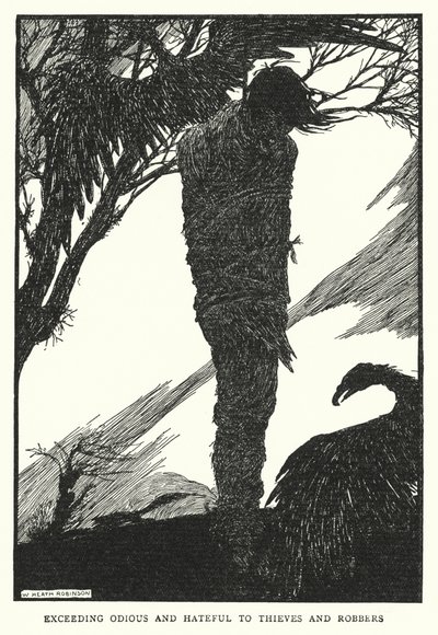 Äärimmäisen vastenmielinen ja vihamielinen varkaille ja rosvoille (litho) tekijältä William Heath Robinson