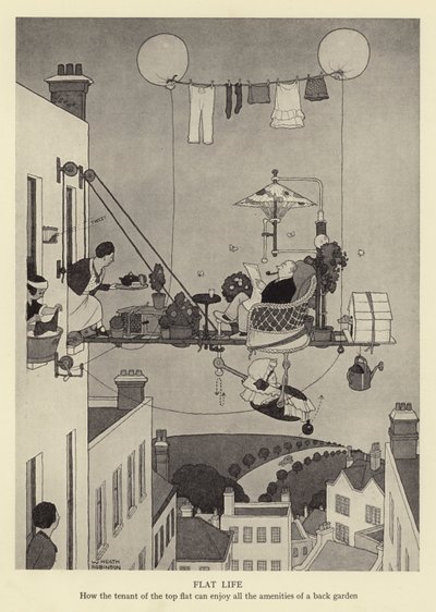 Asuntoelämää, kuinka huippuasunnon vuokralainen voi nauttia kaikista takapihan mukavuuksista tekijältä William Heath Robinson
