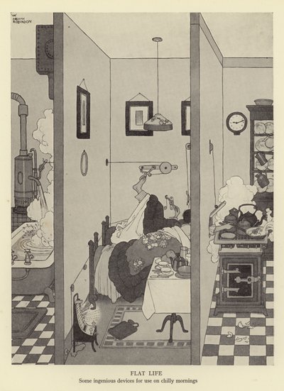 Tasainen käyttöikä, joitain nerokkaita laitteita kylmiin aamuihin tekijältä William Heath Robinson