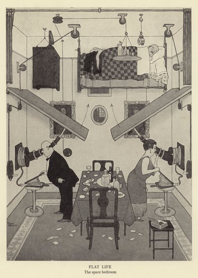 Tasainen elämä, ylimääräinen makuuhuone litho tekijältä William Heath Robinson