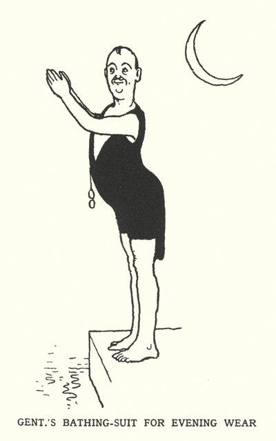 Miesten uimapuku iltavaatteisiin (litho) tekijältä William Heath Robinson