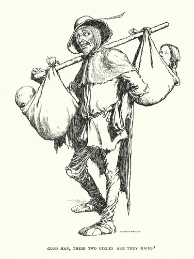 Hyvä mies, ovatko nämä kaksi tyttöä piikoja? (litografia) tekijältä William Heath Robinson