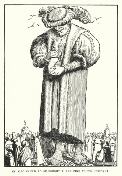 Hänelle ostettiin myös kolme hienoa nuorta yksisarvista (litho) tekijältä William Heath Robinson