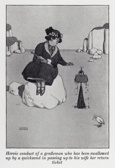 Juoksuhiekan nielaiseman herrasmiehen sankarillinen käytös luovuttaessaan vaimolleen paluulippunsa (litho) tekijältä William Heath Robinson
