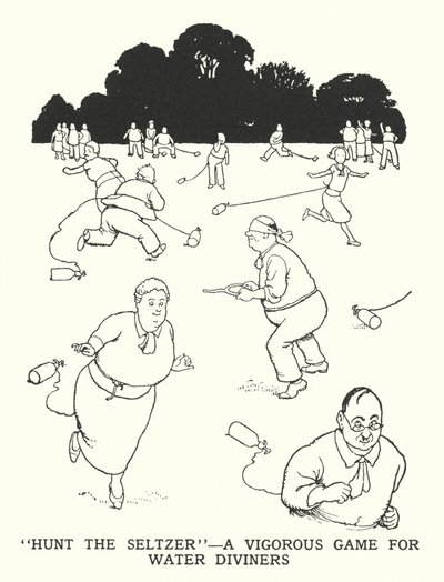 "Hunt the Seltzer", voimakas peli veden ennustajille (litho) tekijältä William Heath Robinson