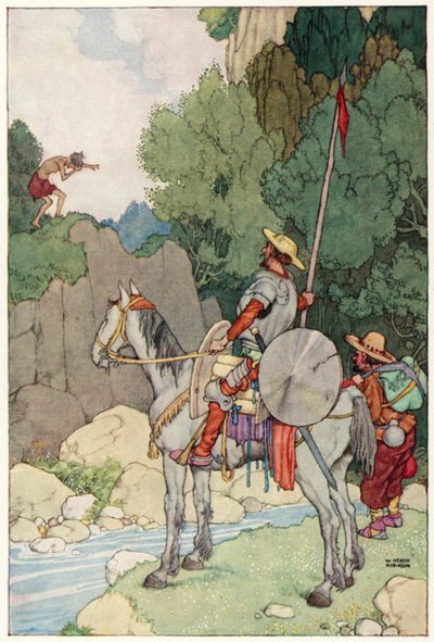 Kuvitus Don Quijoten seikkailuista (värilitho) tekijältä William Heath Robinson