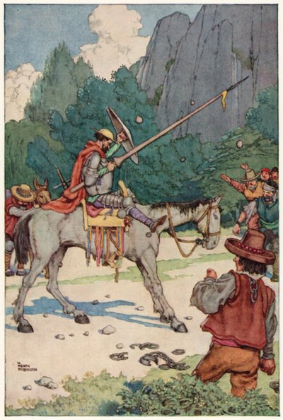 Kuvitus Don Quijoten seikkailuista (värilitho) tekijältä William Heath Robinson