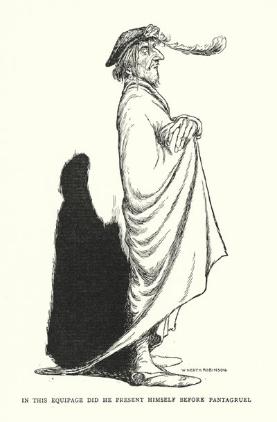 Tässä varustelussa hän esiintyi Pantagruelin (litho) edessä tekijältä William Heath Robinson