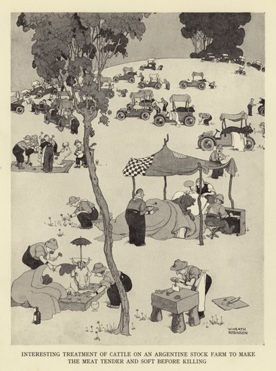 Mielenkiintoinen nautaeläinten hoito argentiinalaistilalla, jotta lihasta tulee pehmeää ja pehmeää ennen lopettamista tekijältä William Heath Robinson