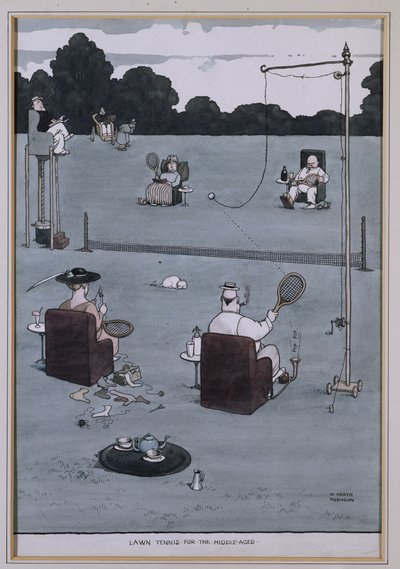 Nurmikkotennis keski-ikäisille (kynä ja muste ja w/c) tekijältä William Heath Robinson