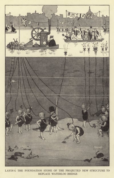 Waterloon sillan tilalle suunnitellun uuden rakenteen peruskiven laskeminen tekijältä William Heath Robinson