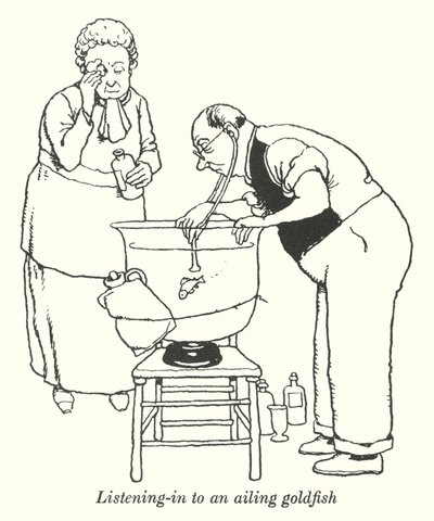 Kuuntelemassa sairasta kultakalaa (litho) tekijältä William Heath Robinson