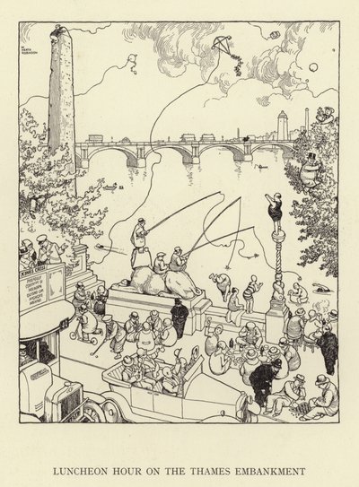 Lounastunti Thames Embankmentillä tekijältä William Heath Robinson