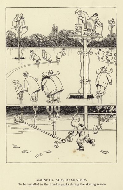 Magneettiset apuvälineet luistelijalle, asennetaan Lontoon puistoihin luistelukauden aikana tekijältä William Heath Robinson