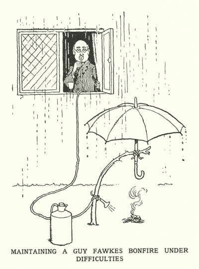 Guy Fawkesin kokon ylläpitäminen vaikeuksissa (litho) tekijältä William Heath Robinson