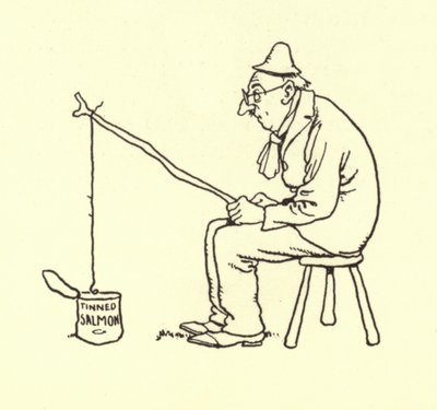 Mies kalastaa säilöttyä lohta tekijältä William Heath Robinson