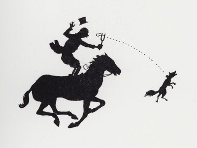 Mies hevosen selässä katapultoiva kettu (litho) tekijältä William Heath Robinson
