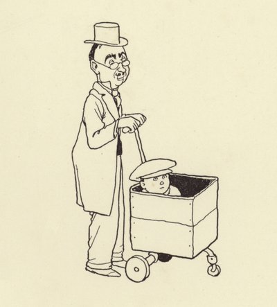 Mies työntää poikaa laatikossa tekijältä William Heath Robinson