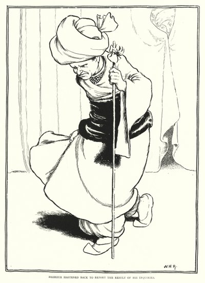 Mesrour kiirehti takaisin raportoimaan kyselynsä tuloksesta (kaiverrus) tekijältä William Heath Robinson