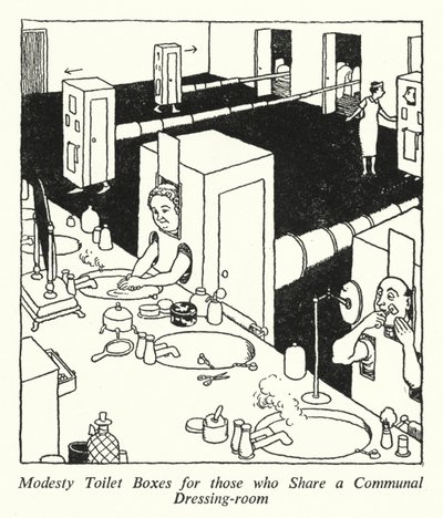 Modesty-wc-laatikot niille, jotka jakavat yhteisen pukuhuoneen (litho) tekijältä William Heath Robinson