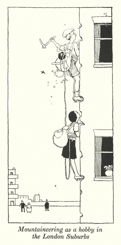 Vuorikiipeily harrastuksena Lontoon lähiöissä (litho) tekijältä William Heath Robinson
