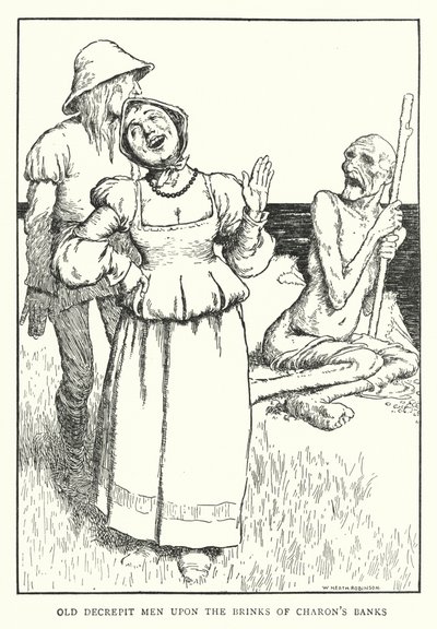 Vanhoja rappeutuneita miehiä Charonin rantojen laidalla (litho) tekijältä William Heath Robinson