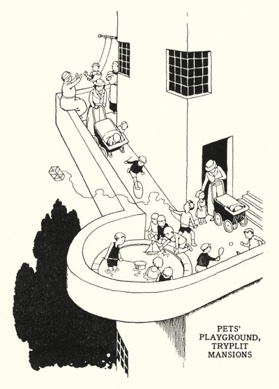 Lemmikkieläinten leikkikenttä, Tryplit Mansions (litho) tekijältä William Heath Robinson