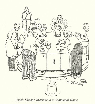 Pikaparranajokone yhteiskodissa (litho) tekijältä William Heath Robinson