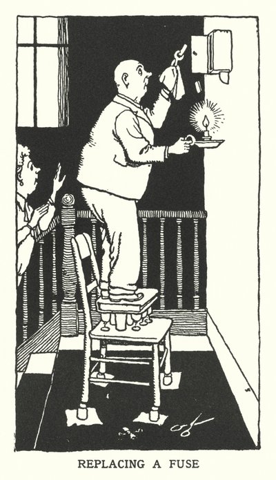 Sulakkeen vaihto (litho) tekijältä William Heath Robinson
